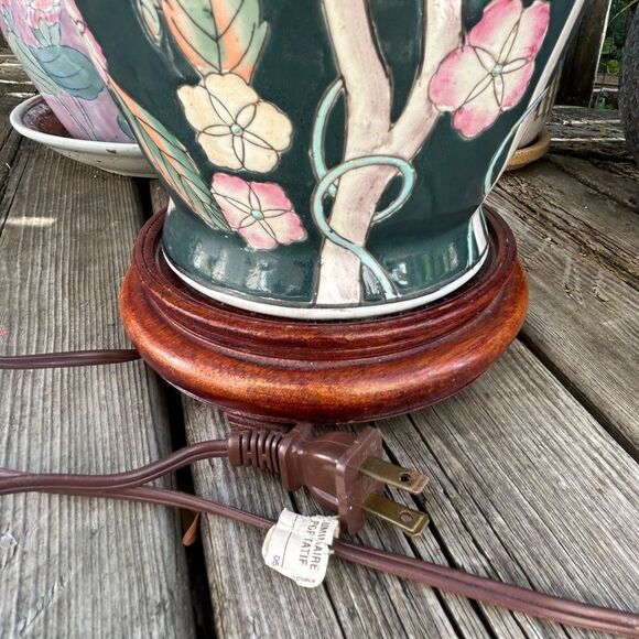 Vintage Chinoiserie Asian Lamp Blue Green Pink Bird Floral 25” Tall - Picture 14 of 16